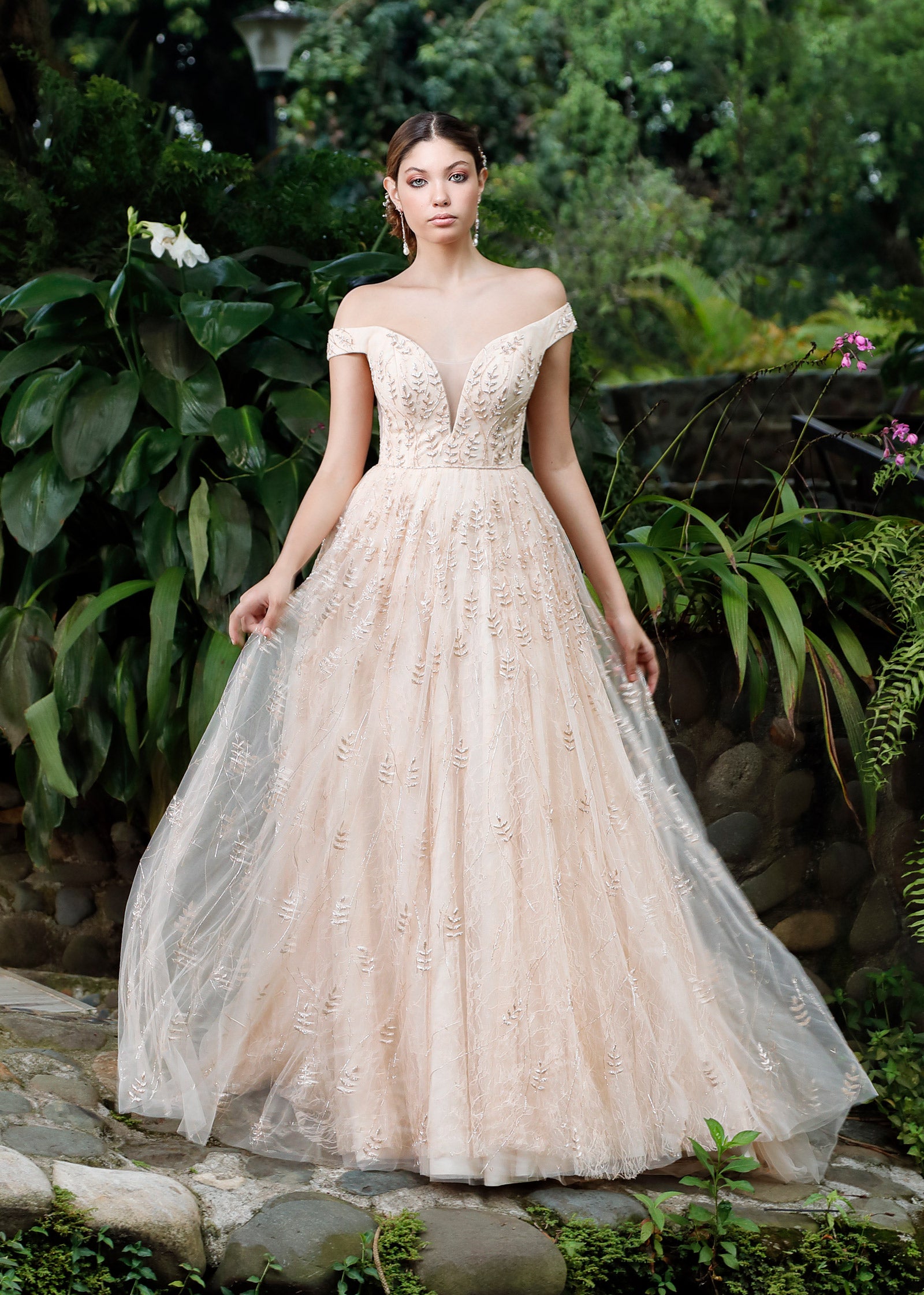 Off Shoulder Ball Gown with Layers of Chantilly Lace Tulle Lotus