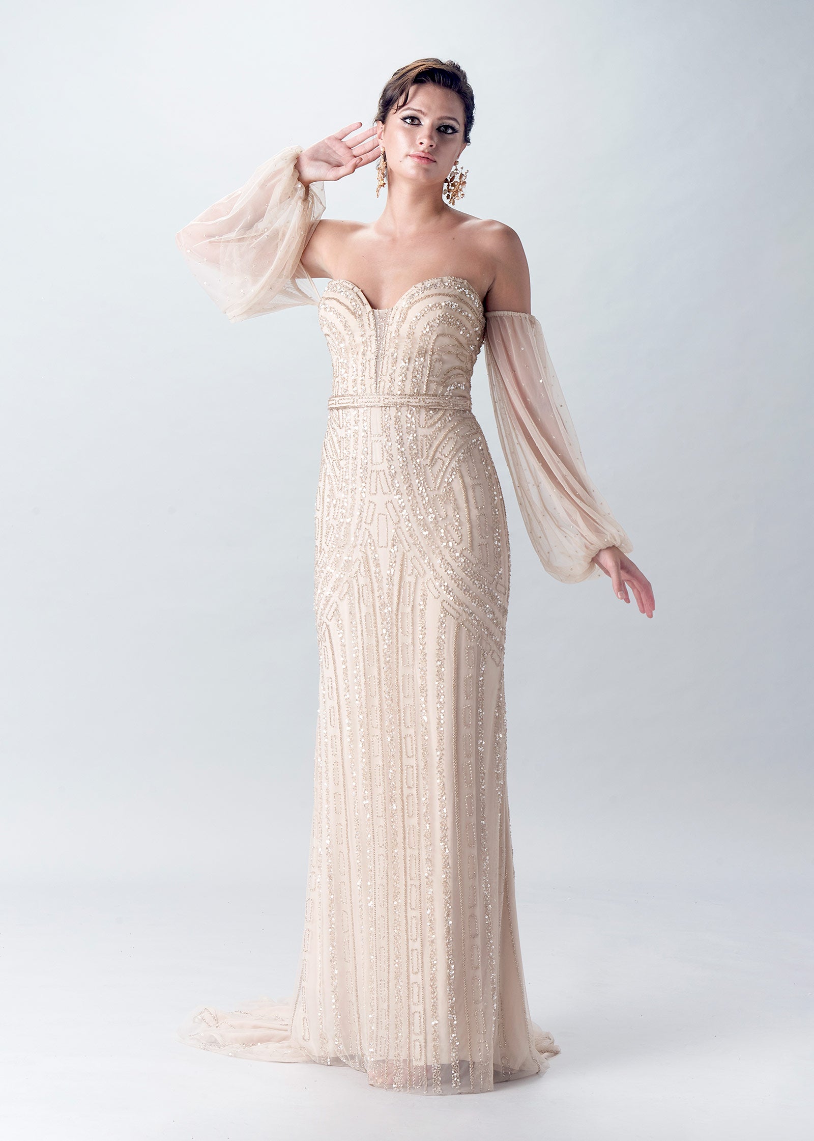 Sweetheart Column Gown with Off-Shoulder Bishop Sleeves – Lotus Threads ...