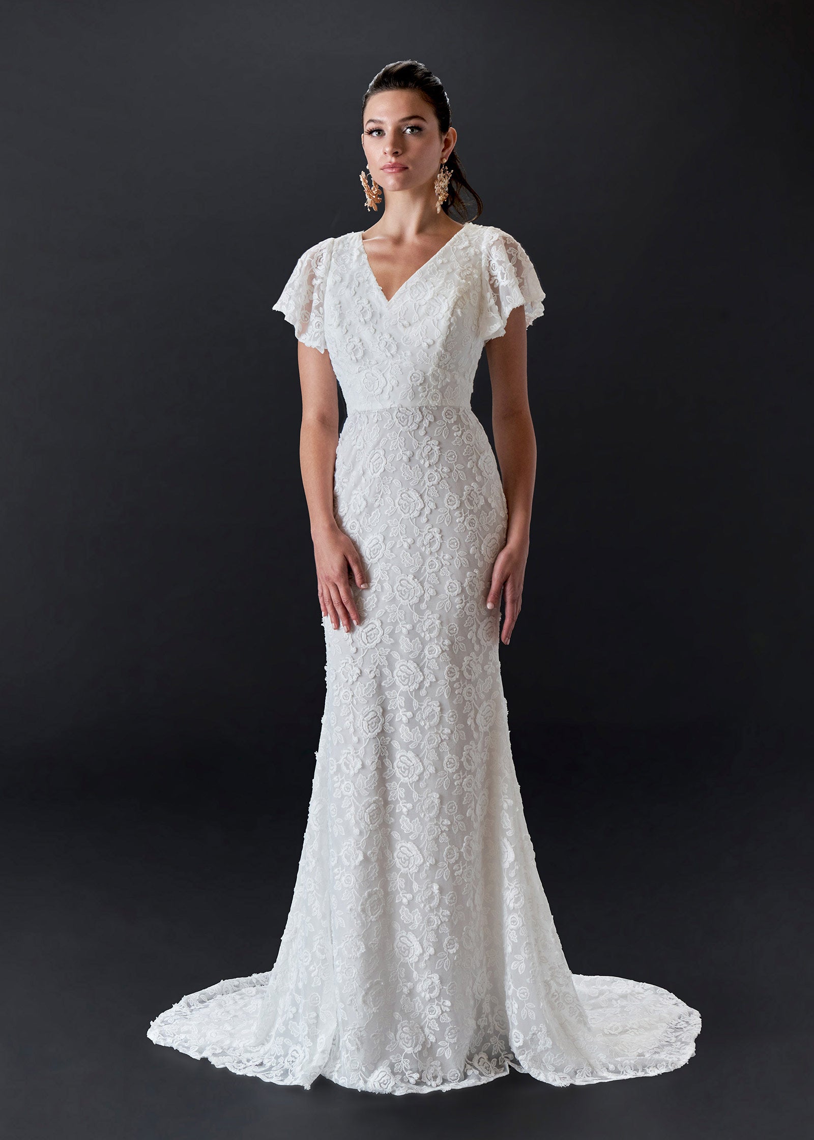Flutter Sleeve V-Neck Lace Sheath Gown with Chapel Train – Lotus ...