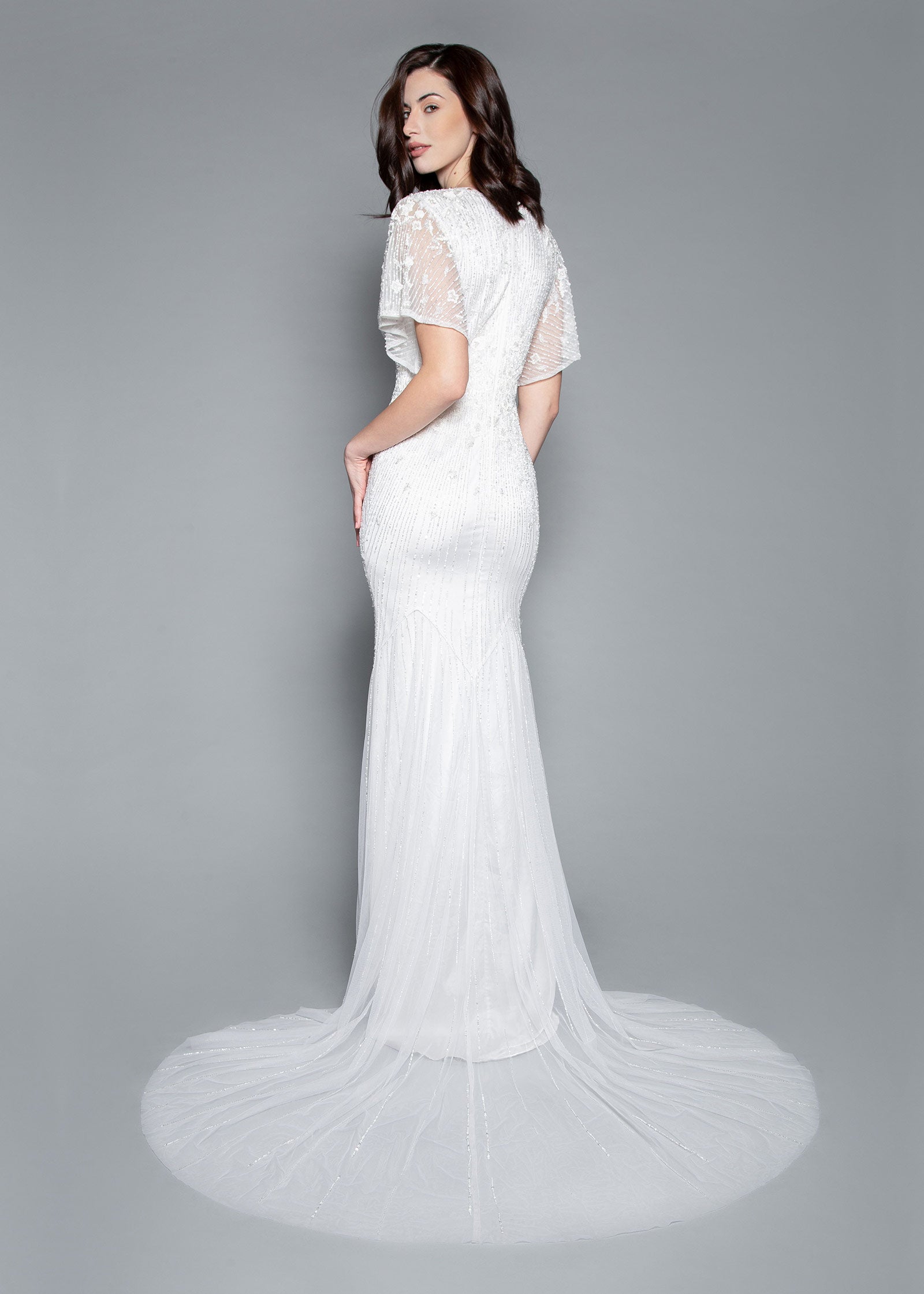 Flutter Sleeve Fit-to-Flare Wedding Dress with Chapel Train Lotus Threads Bridal Flutter Sleeve Fit-to-Flare Wedding Dress with Chapel Train Lotus Threads Bridal