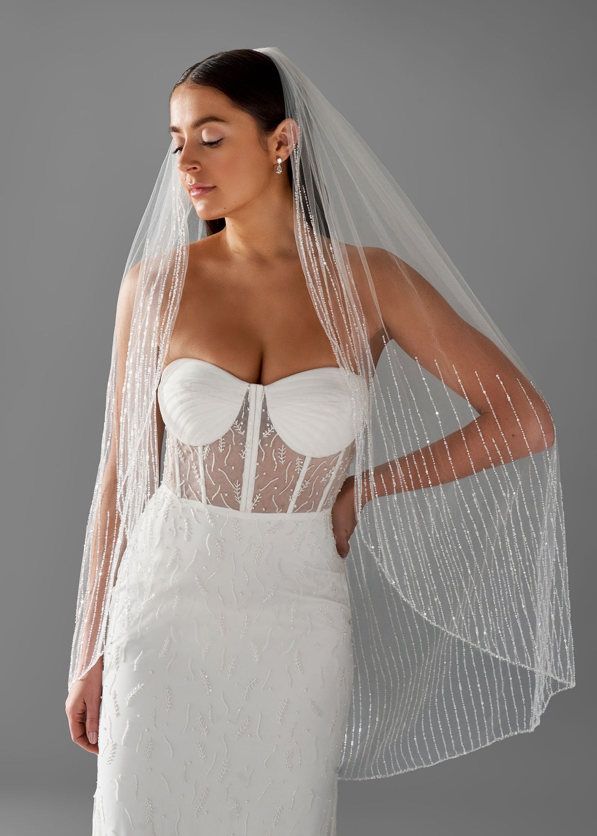Glena Designs Off-White/Cream Bridal Veil w/Sequin & Bead Trim Detail Wedding Veil with Vertical Beaded & Sequin Trim – Lotus  main image 4