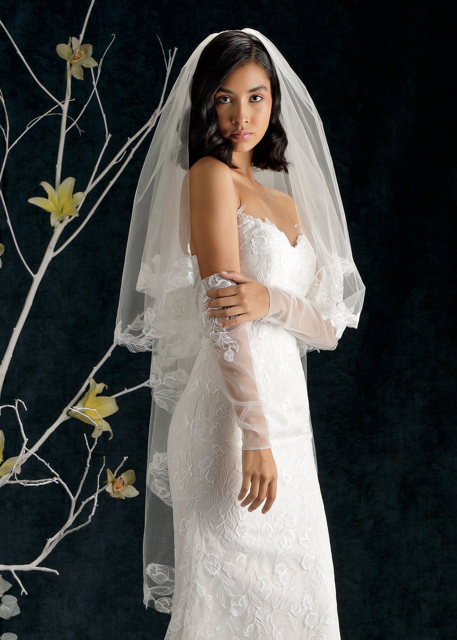 Tiered Wedding Veil with Floral Embroidery  Lotus Threads Bridal
