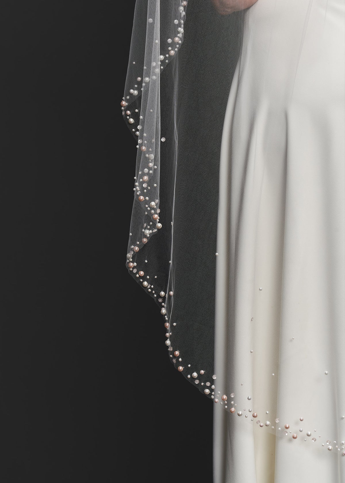Wedding Veil with White & Rose Pearl Trim – Lotus Threads Bridal display picture 3