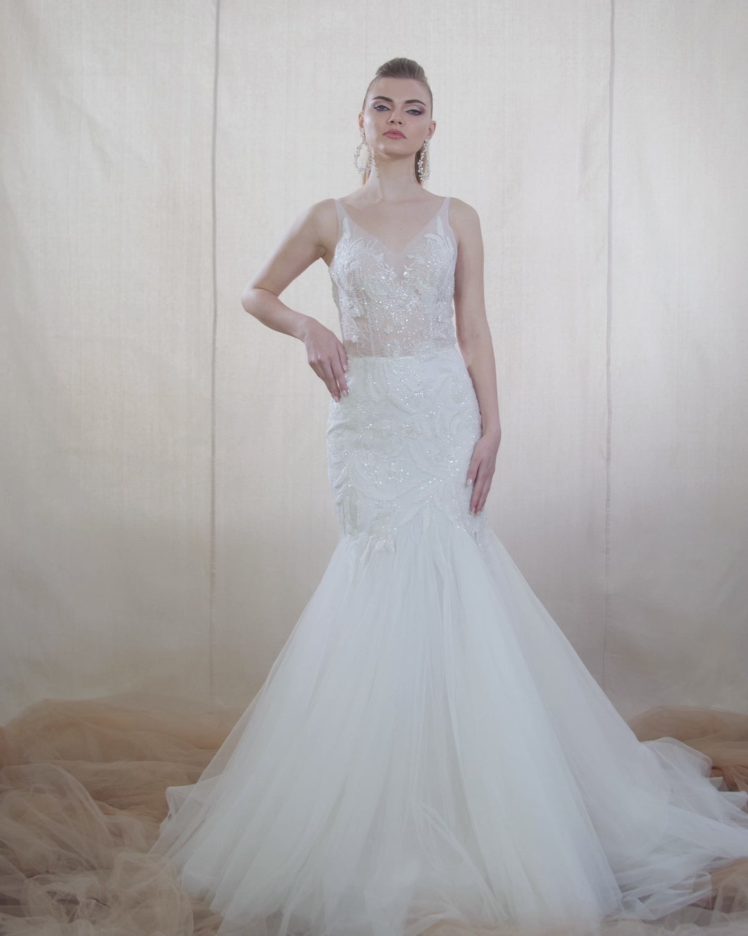 Fit & Flare Gown with Lace Crystal Appliqué Bodice – Lotus Threads Bridal