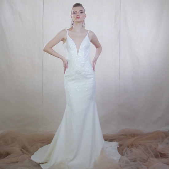 Deep V-Neck Crepe Mermaid Gown with Crystal Floral Appliqué | Lotus Threads Bridal