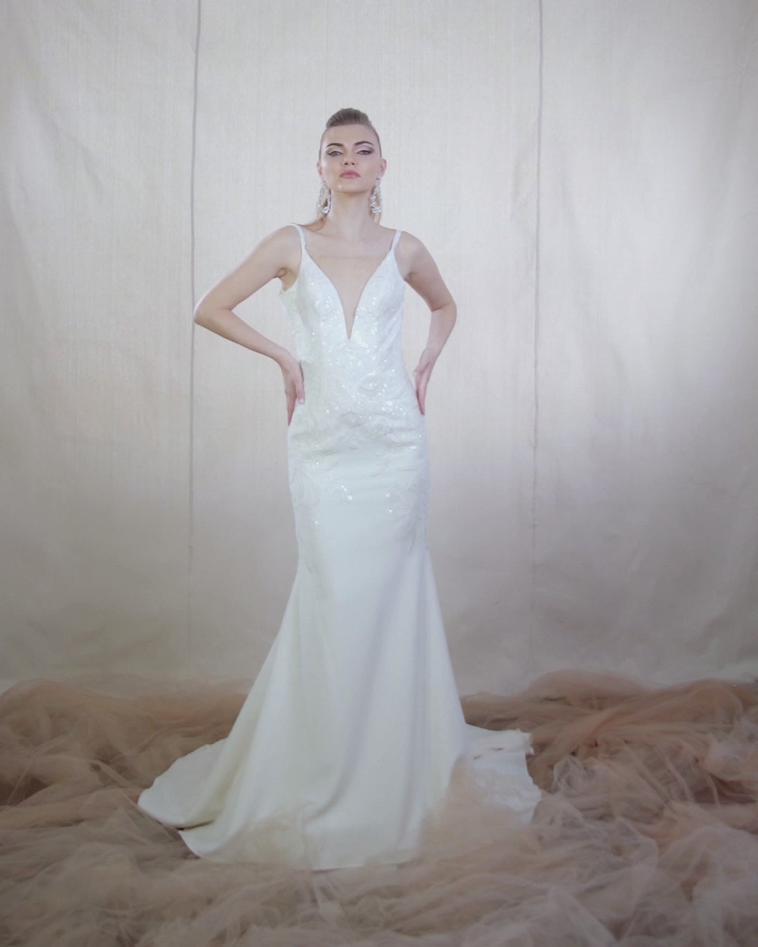 Deep V-Neck Crepe Mermaid Gown with Crystal Floral Appliqué | Lotus Threads Bridal