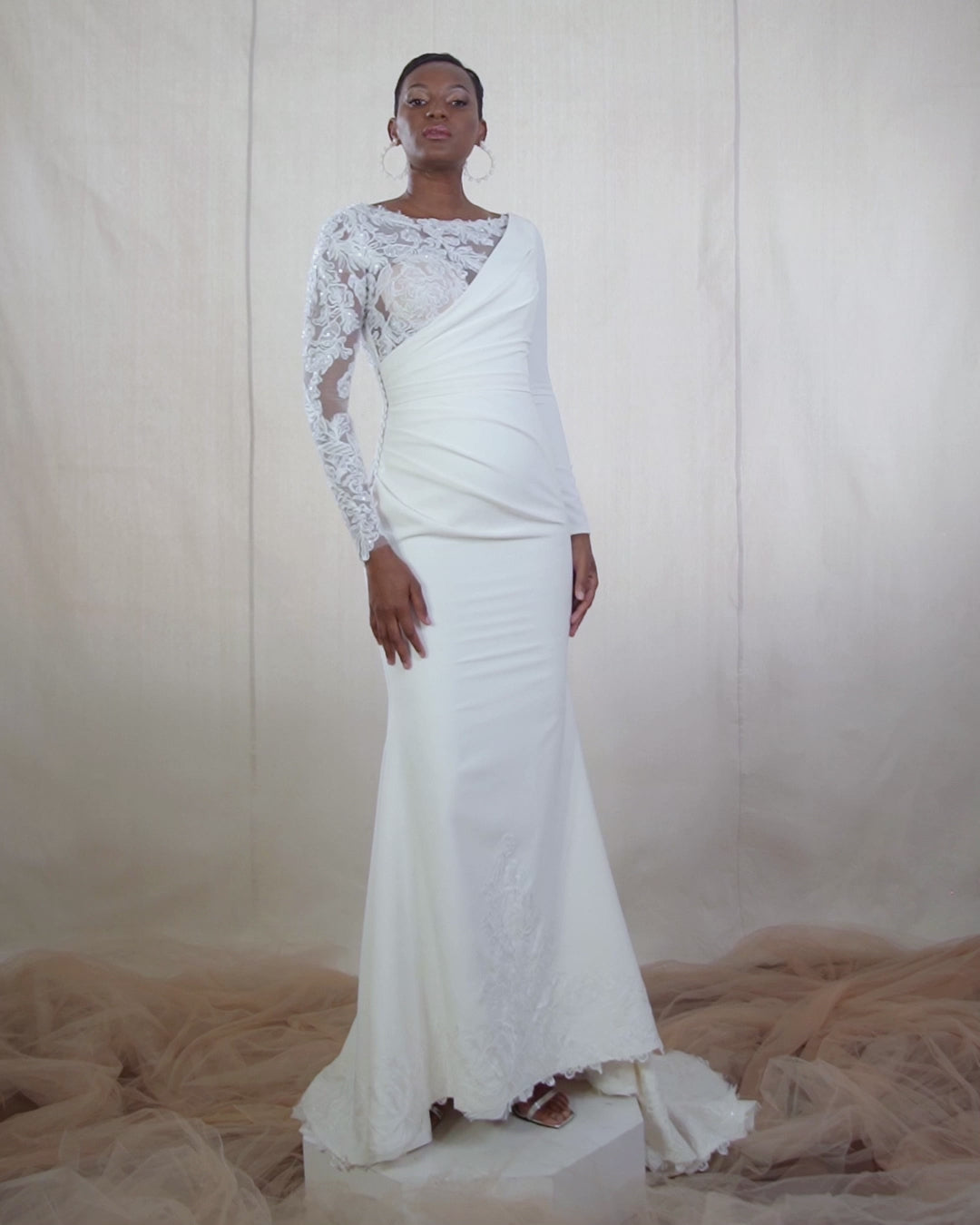 crepe mermaid wedding dress with metallic embroidery Crepe Mermaid Gown with Drape Detail and Lace Embellishments – Lotus  Threads Bridal