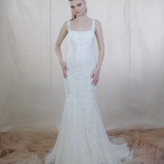 Crystal Floral Fit and Flare Wedding Dress with Square Neckline