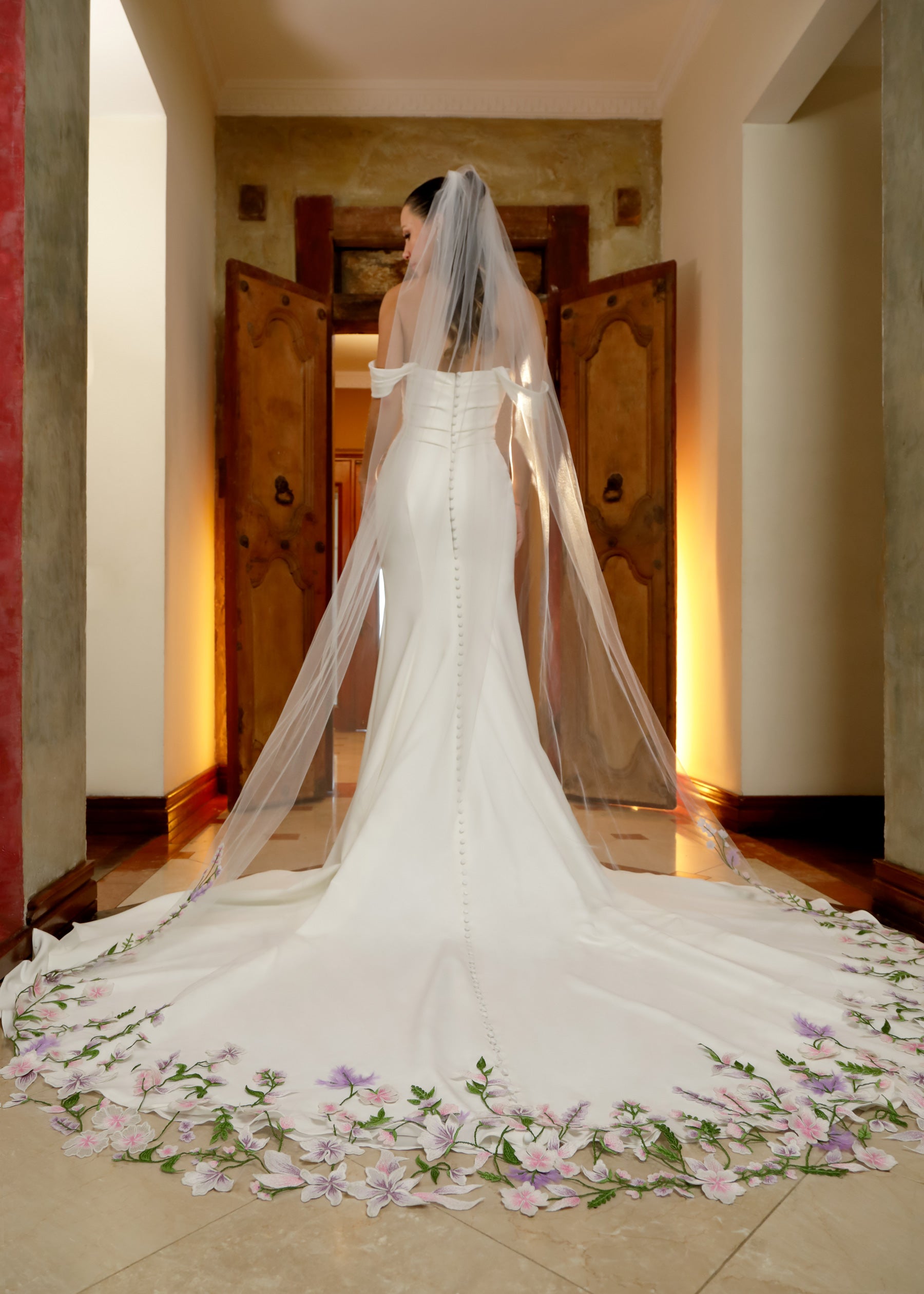 Cathedral Wedding Veil with Floral Accents – Lotus Threads Bridal